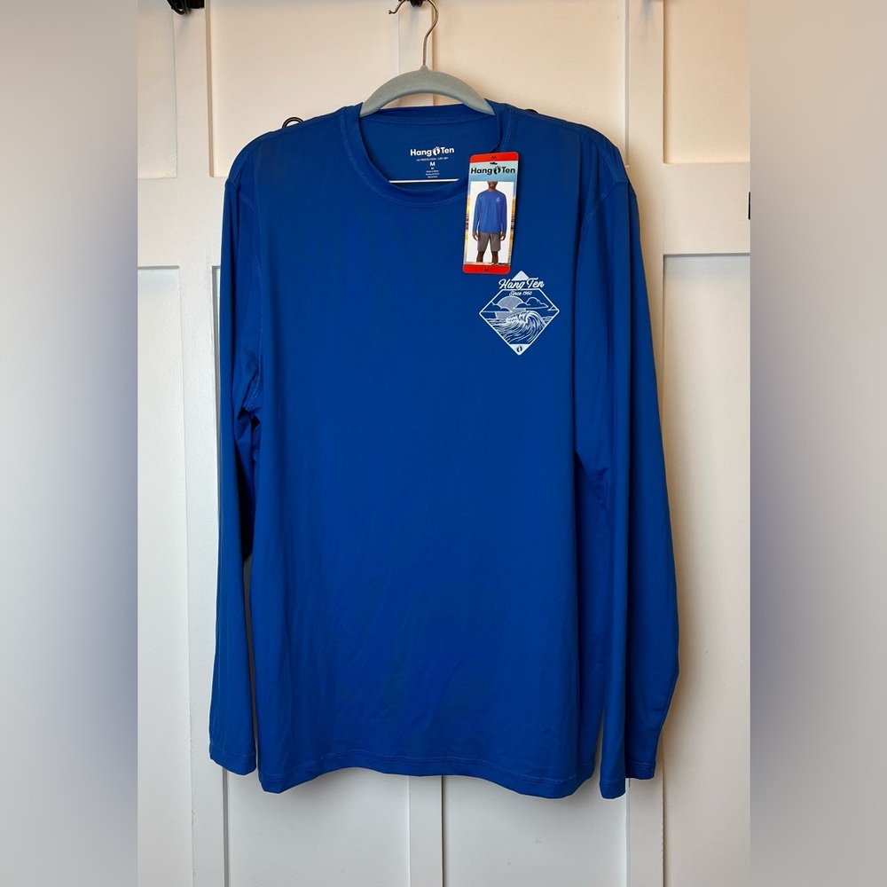 Hang Ten Mens Medium UPF 50+ Long Sleeve Sun Shirt Blue Surf Rash Guard Vacation